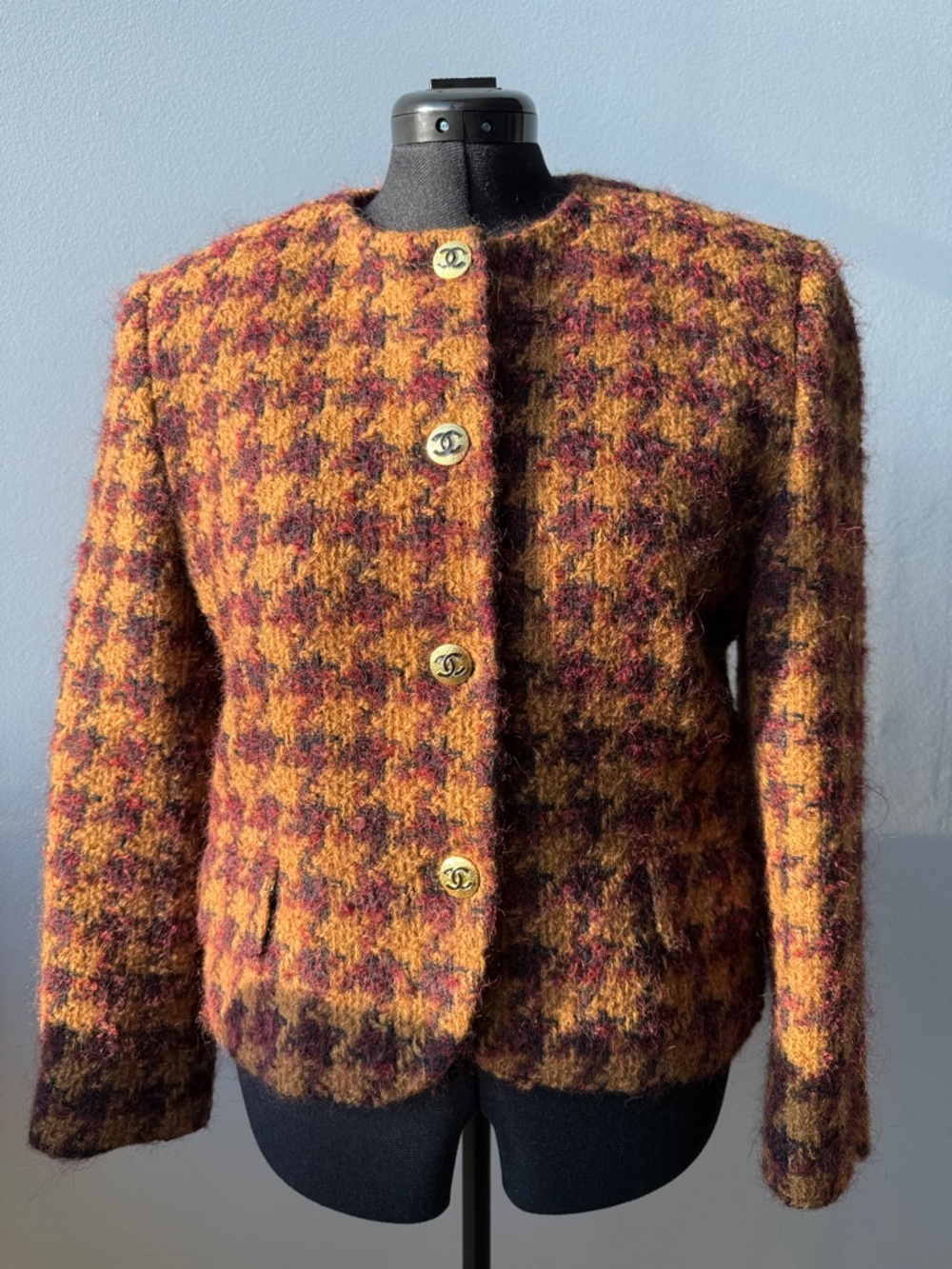 CHANEL buttons on Wool-Blend Jacket in Mustard & Burgundy